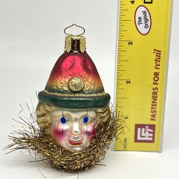 Vintage Germany Christborn Clown Head Blown Glass Christmas Ornament Gold Tinsel - Picture 9 of 9